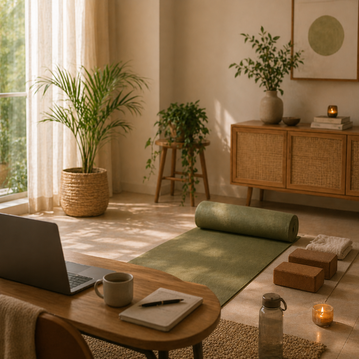 Calm home studio with yoga mat, soft light, and mindful space for practice